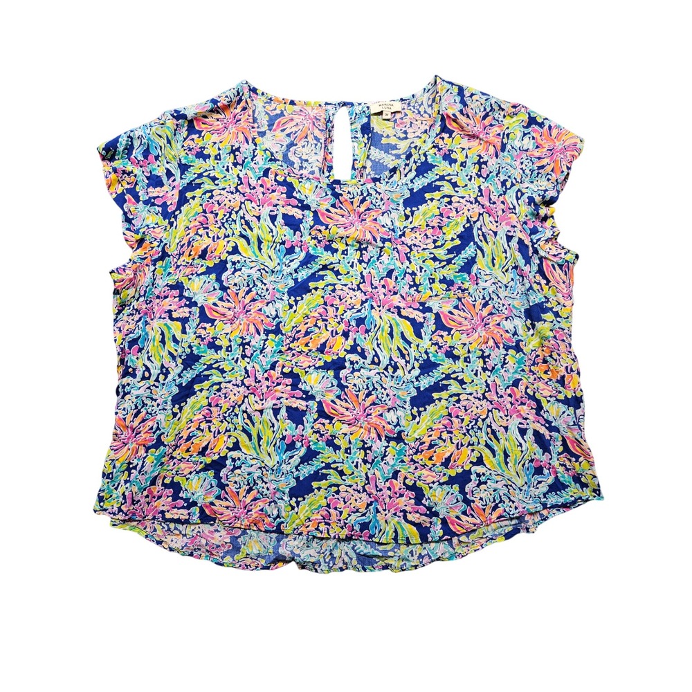Marina Luna Womens 3X Floral Coral Print Rayon Short Sleeve Keyhole Blouse Blue